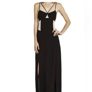 BCBGeneration Black Maxi Dress Size 4 Front Crisscross Cutout Mesh Panel Slit